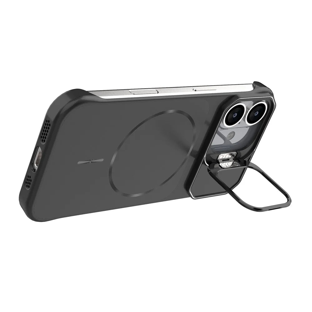 For iPhone 16 Magnetic Case Lens Frame Kickstand Matte PC Frameless Phone Cover - Black - 2