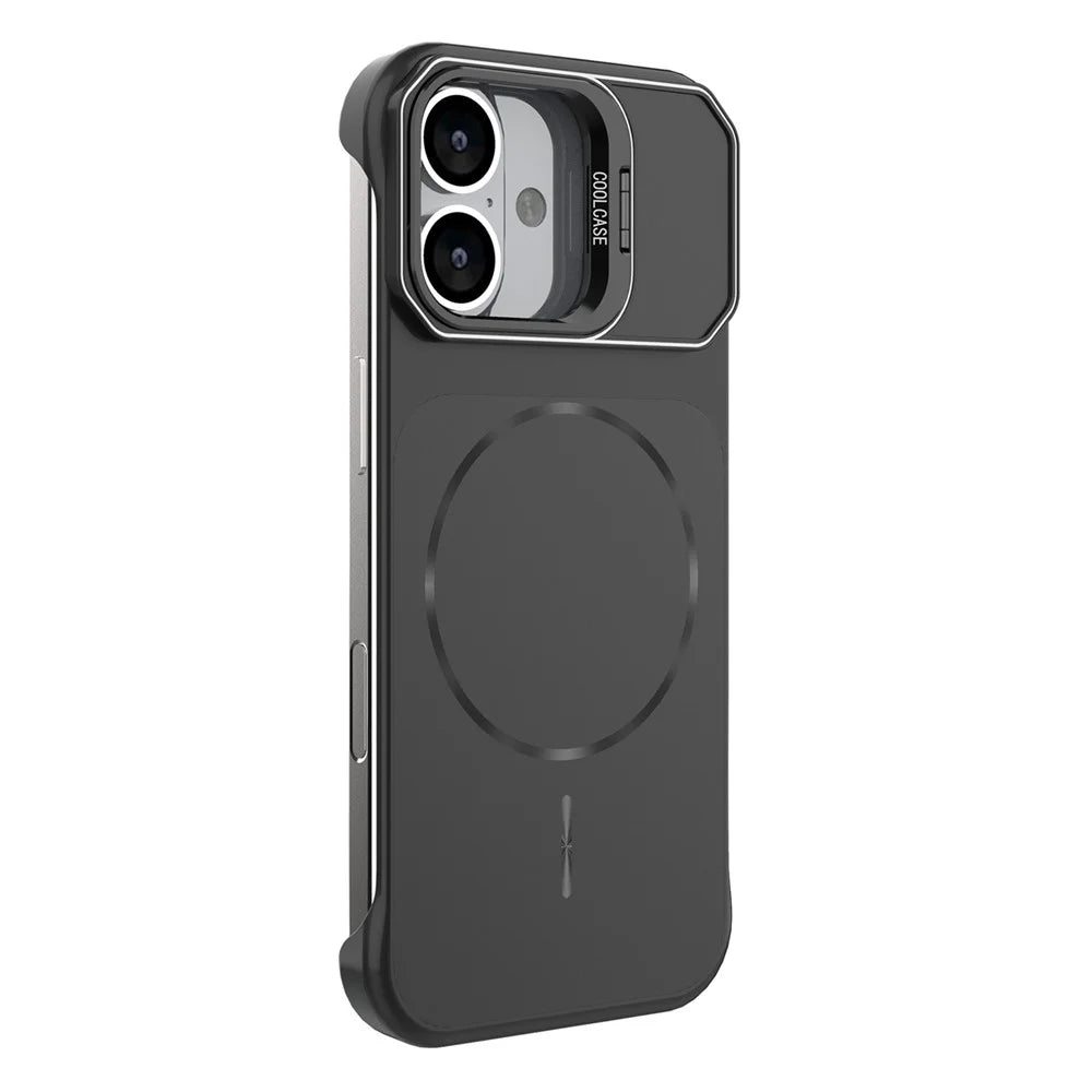 For iPhone 16 Magnetic Case Lens Frame Kickstand Matte PC Frameless Phone Cover - Black - 4