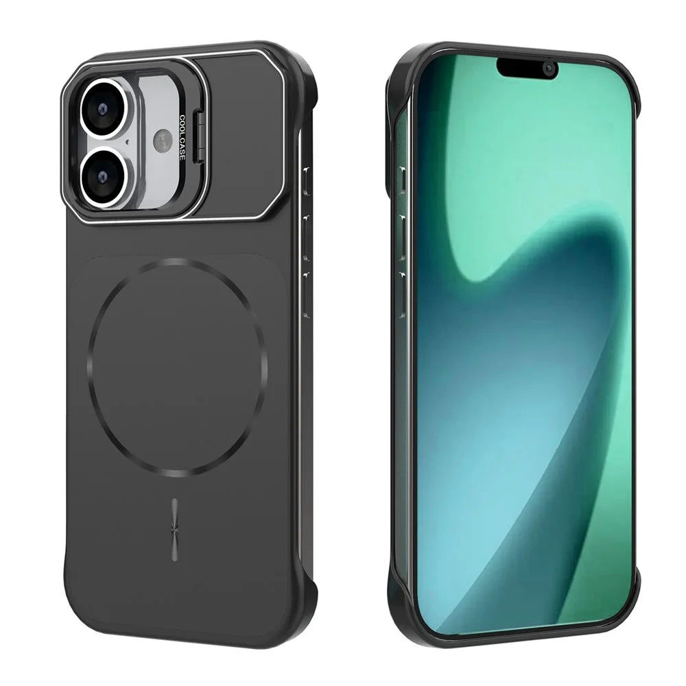 For iPhone 16 Magnetic Case Lens Frame Kickstand Matte PC Frameless Phone Cover - Black - 5