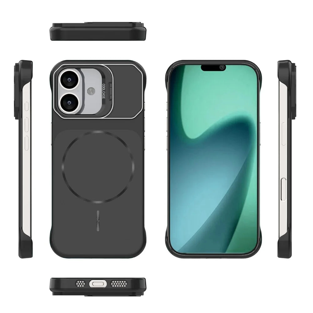 For iPhone 16 Magnetic Case Lens Frame Kickstand Matte PC Frameless Phone Cover - Black - 6