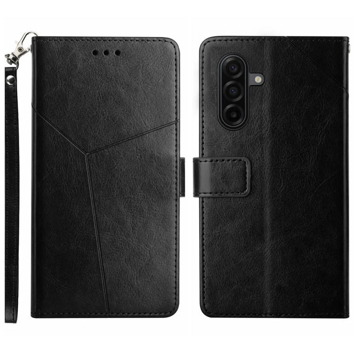 For Samsung Galaxy S26+ Case Y Shaped Lines Imprint Leather Phone Cover - Black - 1