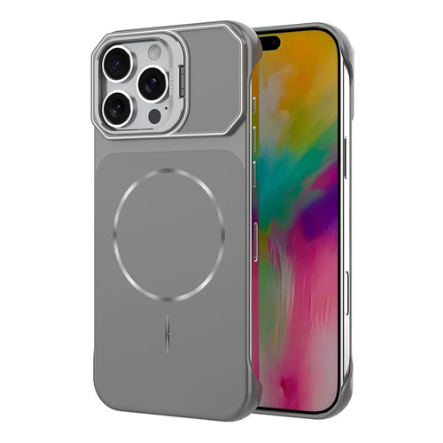 For iPhone 16 Pro Magnetic Case Lens Frame Kickstand Matte PC Frameless Phone Cover - Grey - 1