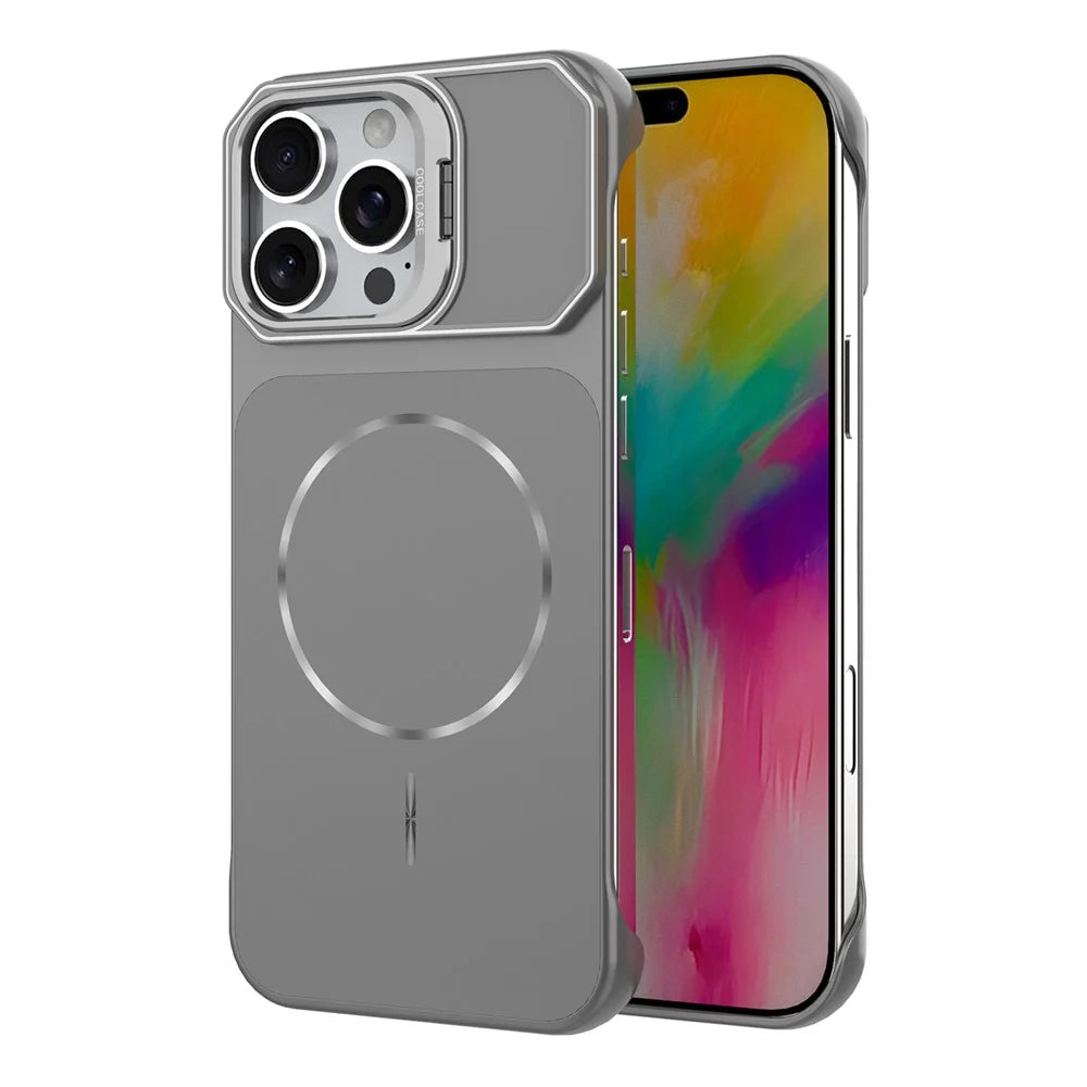 For iPhone 16 Pro Magnetic Case Lens Frame Kickstand Matte PC Frameless Phone Cover - Grey - 1
