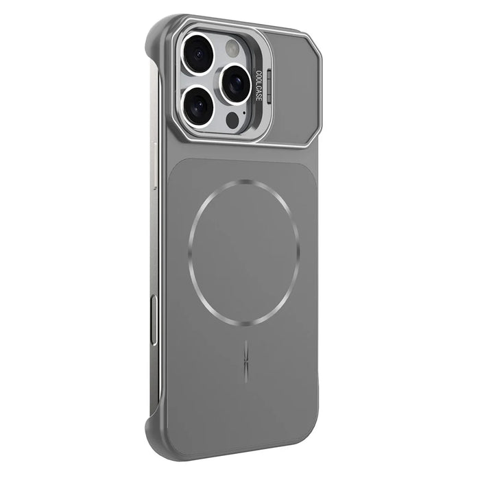For iPhone 16 Pro Magnetic Case Lens Frame Kickstand Matte PC Frameless Phone Cover - Grey - 4