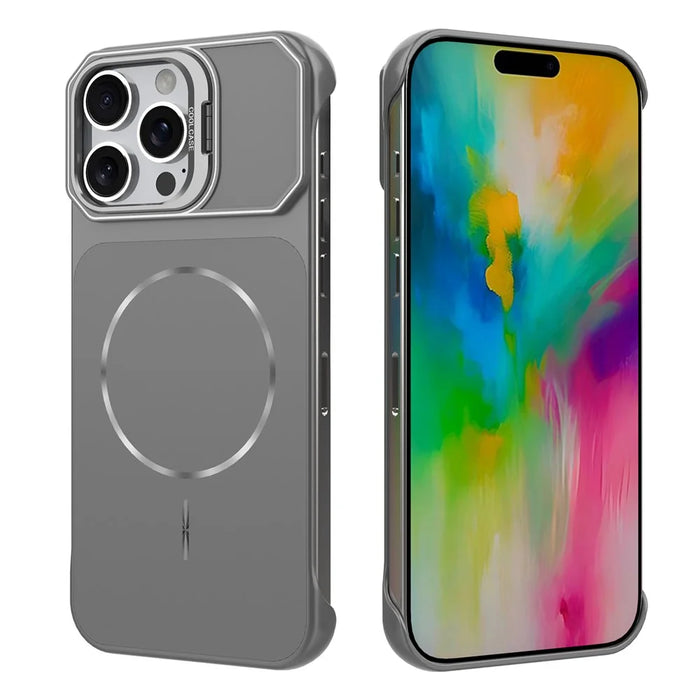 For iPhone 16 Pro Magnetic Case Lens Frame Kickstand Matte PC Frameless Phone Cover - Grey - 5