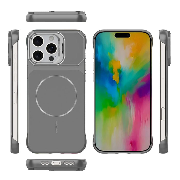 For iPhone 16 Pro Magnetic Case Lens Frame Kickstand Matte PC Frameless Phone Cover - Grey - 6