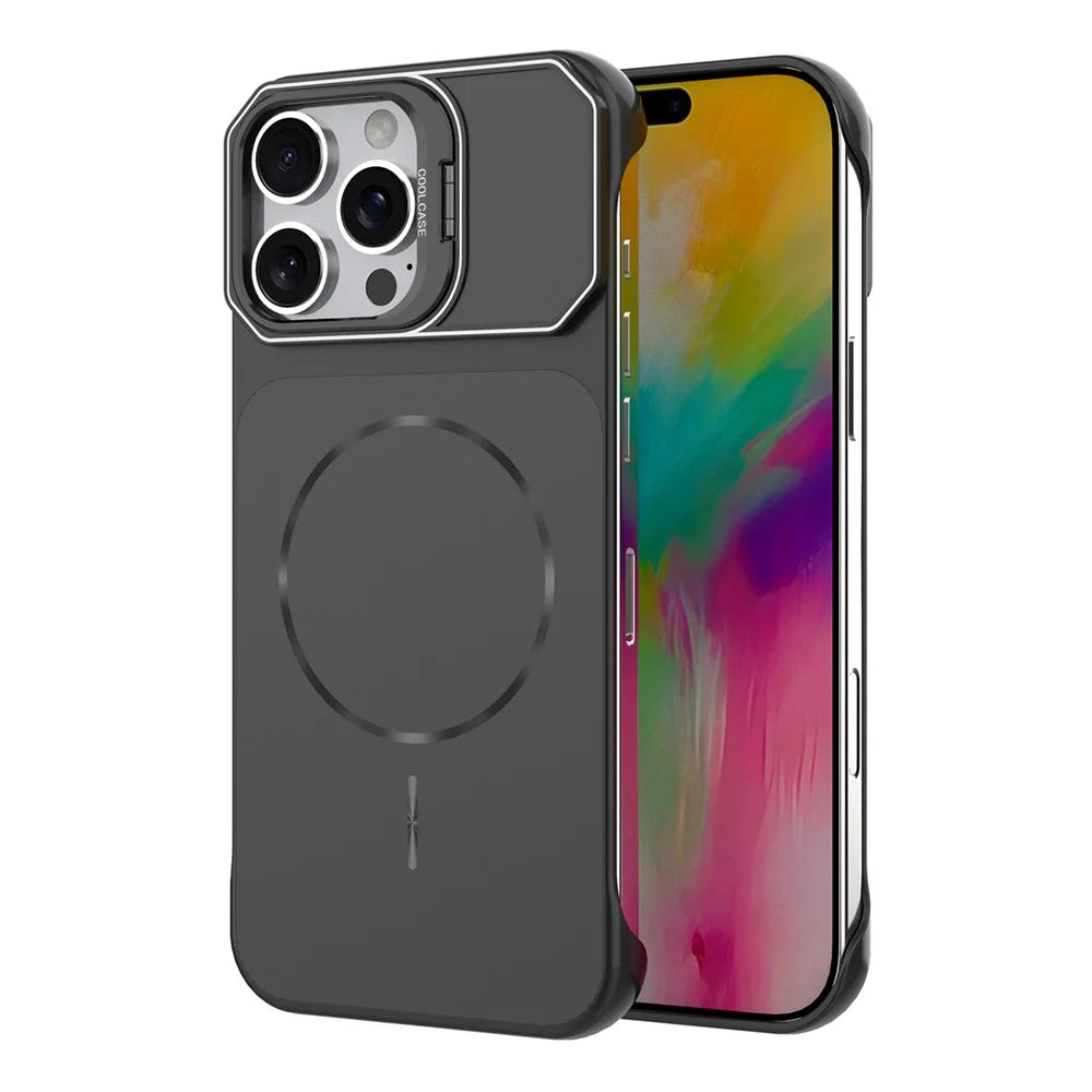 For iPhone 16 Pro Max Magnetic Case Lens Frame Kickstand Matte PC Frameless Phone Cover - Black - 1