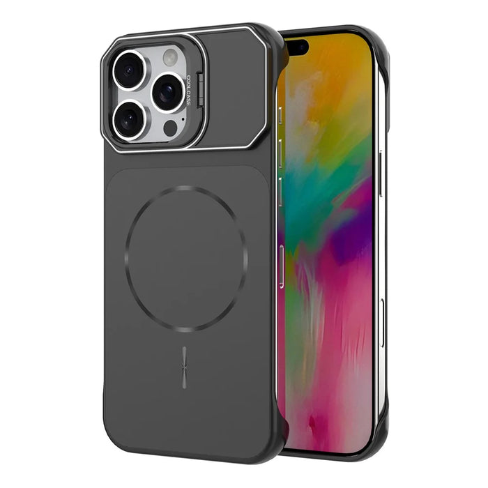 For iPhone 16 Pro Max Magnetic Case Lens Frame Kickstand Matte PC Frameless Phone Cover - Black - 1