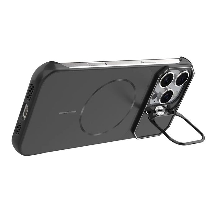 For iPhone 16 Pro Max Magnetic Case Lens Frame Kickstand Matte PC Frameless Phone Cover - Black - 2