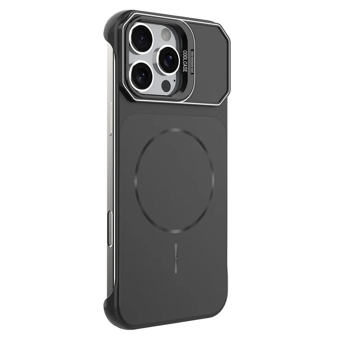 For iPhone 16 Pro Max Magnetic Case Lens Frame Kickstand Matte PC Frameless Phone Cover - Black - 4