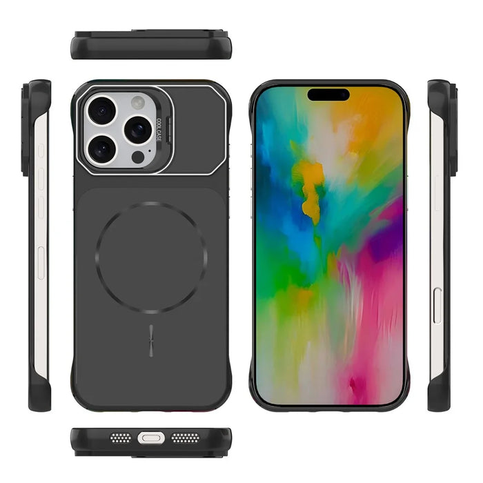 For iPhone 16 Pro Max Magnetic Case Lens Frame Kickstand Matte PC Frameless Phone Cover - Black - 6