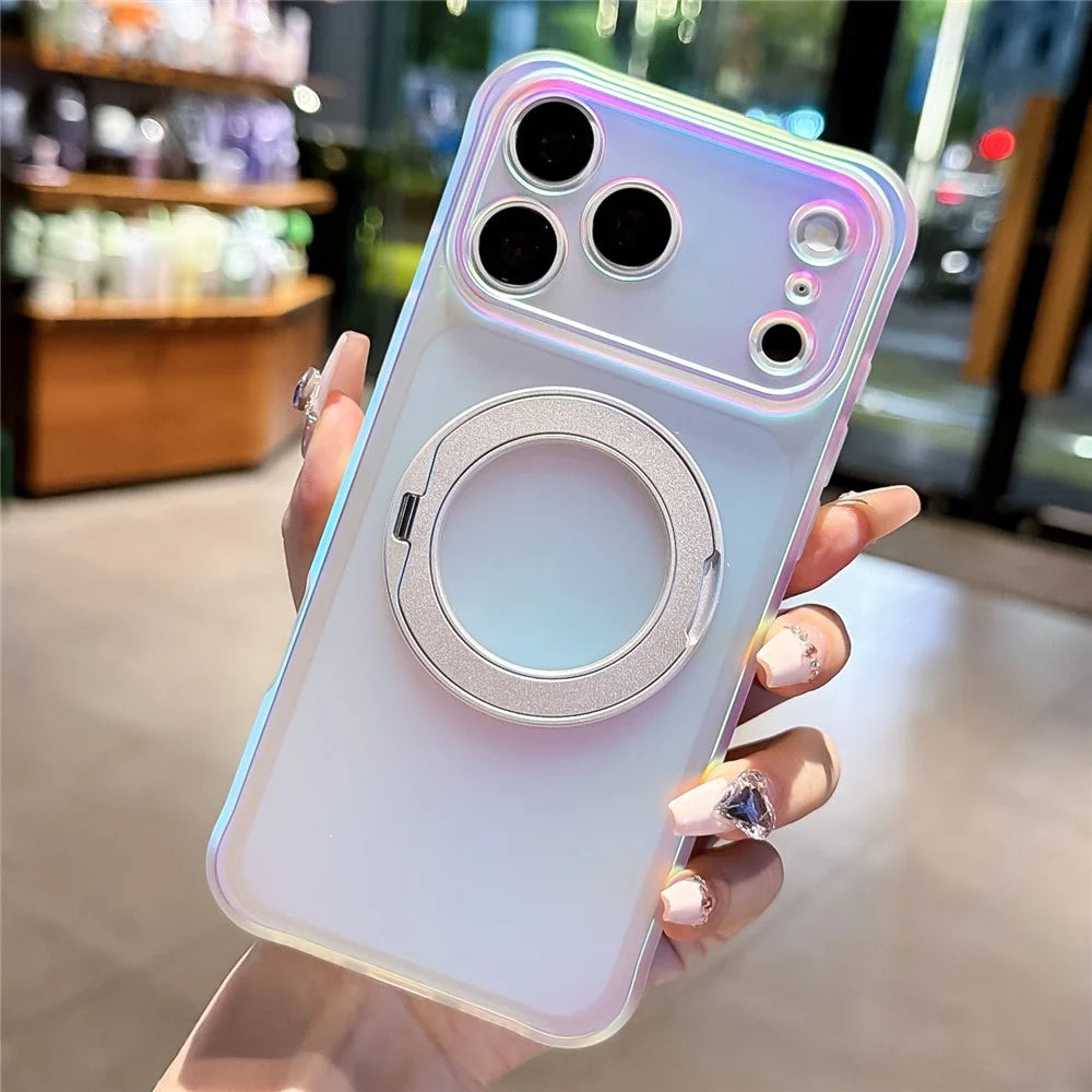 For iPhone 18 Pro / 17 Pro Case Rotating Magnetic Kickstand Iridescent PC + TPU IMD Phone Cover - White - 1