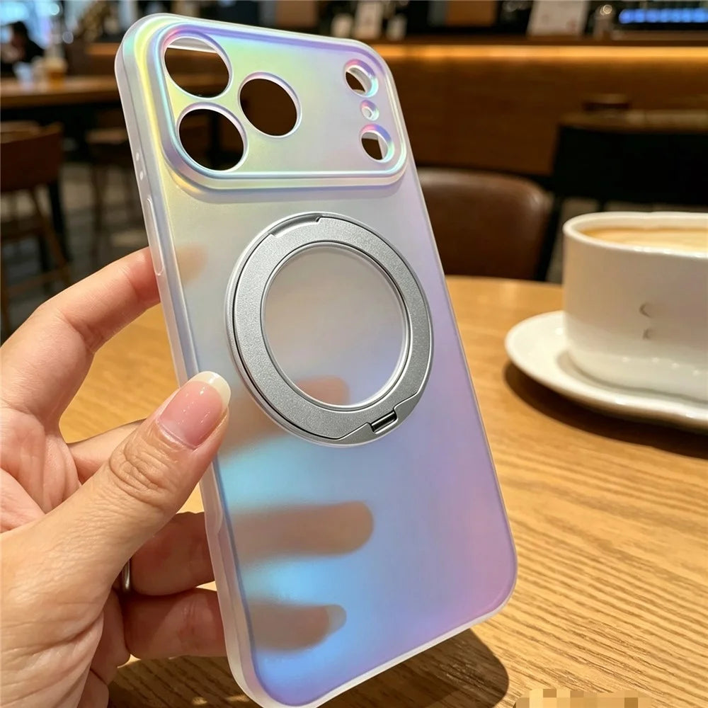 For iPhone 18 Pro / 17 Pro Case Rotating Magnetic Kickstand Iridescent PC + TPU IMD Phone Cover - White - 2