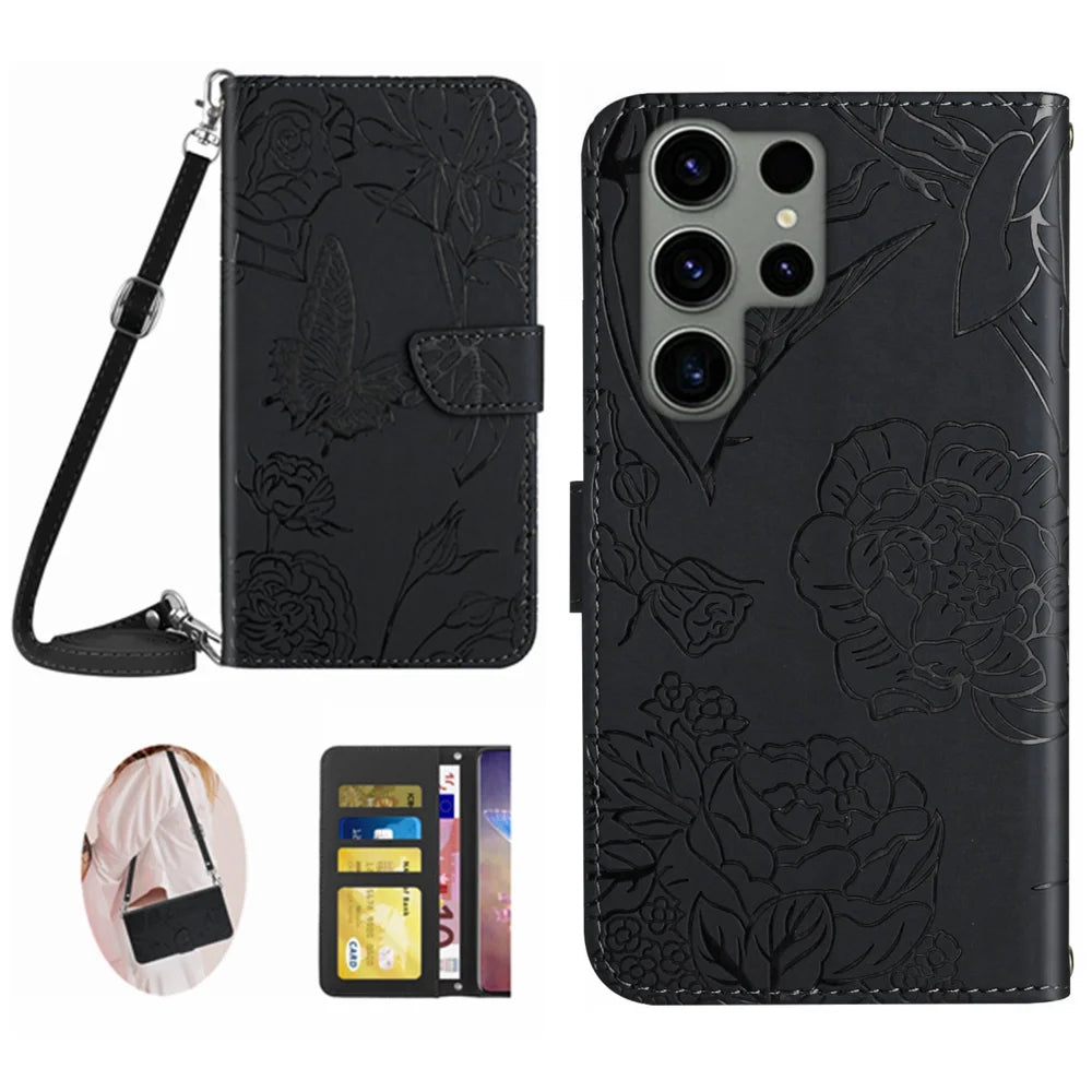 For Samsung Galaxy S25 Ultra Case Butterfly Flower Imprint Leather Phone Cover with Shoulder Strap - Black - 1