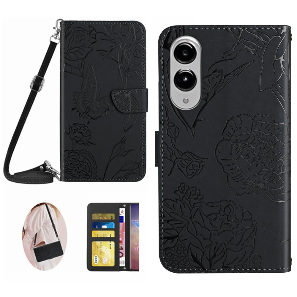 For Samsung Galaxy S25 Edge Case Butterfly Flower Imprint Leather Phone Cover with Shoulder Strap - Black - 1