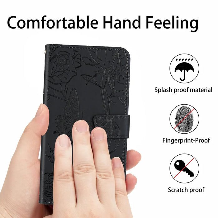 For Samsung Galaxy S25 Edge Case Butterfly Flower Imprint Leather Phone Cover with Shoulder Strap - Black - 5