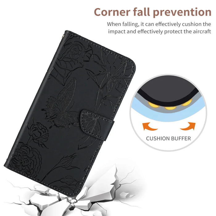 For Samsung Galaxy S25 Edge Case Butterfly Flower Imprint Leather Phone Cover with Shoulder Strap - Black - 6