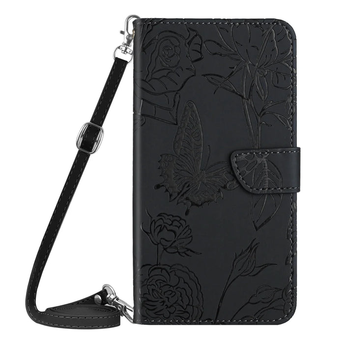 For Samsung Galaxy A27 5G Case Butterfly Flower Imprint Leather Phone Cover with Shoulder Strap - Black - 2