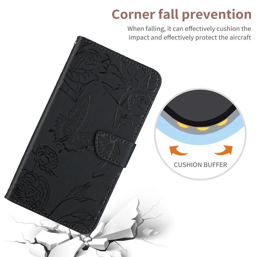 For Samsung Galaxy A57 5G Case with Wrist Strap Butterfly Flower Imprinted Leather Phone Cover - Black - 6