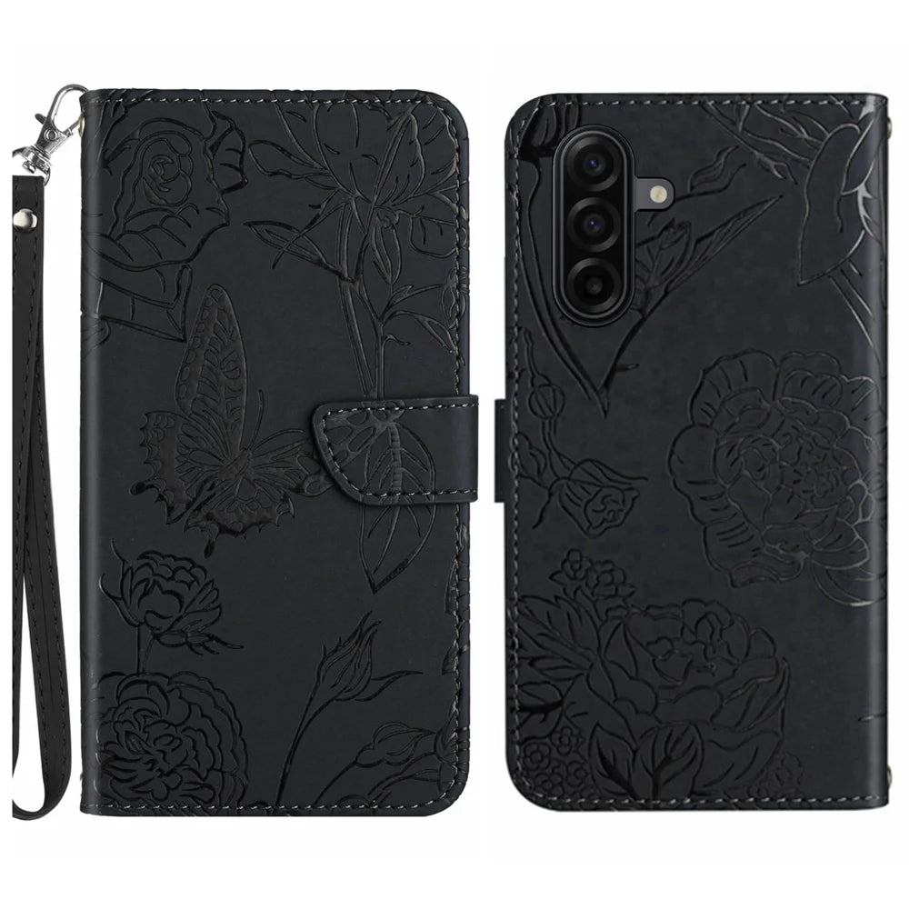 For Samsung Galaxy S26 FE Case with Wrist Strap Butterfly Flower Imprinted Leather Phone Cover - Black - 1