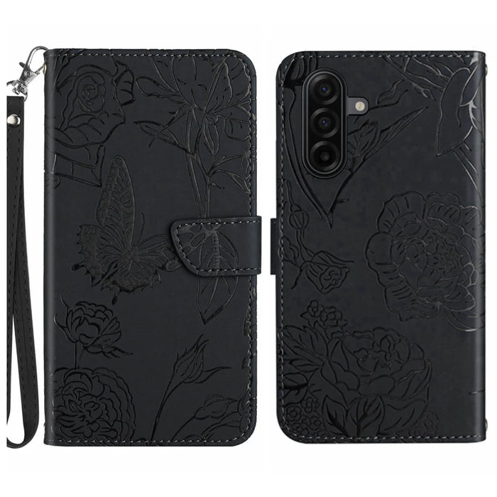 For Samsung Galaxy S26 FE Case with Wrist Strap Butterfly Flower Imprinted Leather Phone Cover - Black - 1