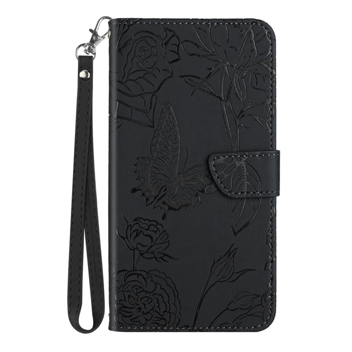 For Samsung Galaxy S26 FE Case with Wrist Strap Butterfly Flower Imprinted Leather Phone Cover - Black - 2