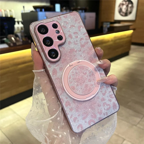 For Samsung Galaxy S25 Ultra Case Rotatable Kickstand Aurora Glitter Leopard Print PC + TPU Phone Cover - Pink - 1