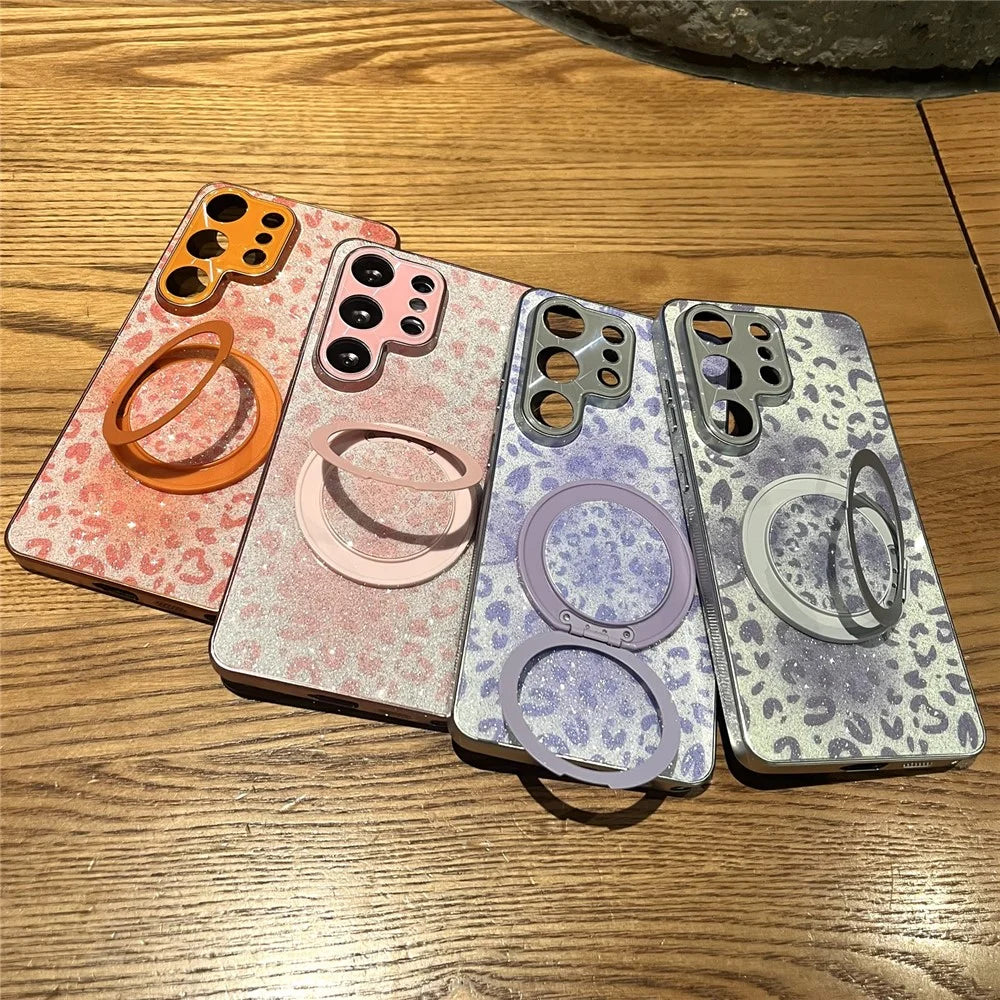 For Samsung Galaxy S25 Ultra Case Rotatable Kickstand Aurora Glitter Leopard Print PC + TPU Phone Cover - Pink - 4