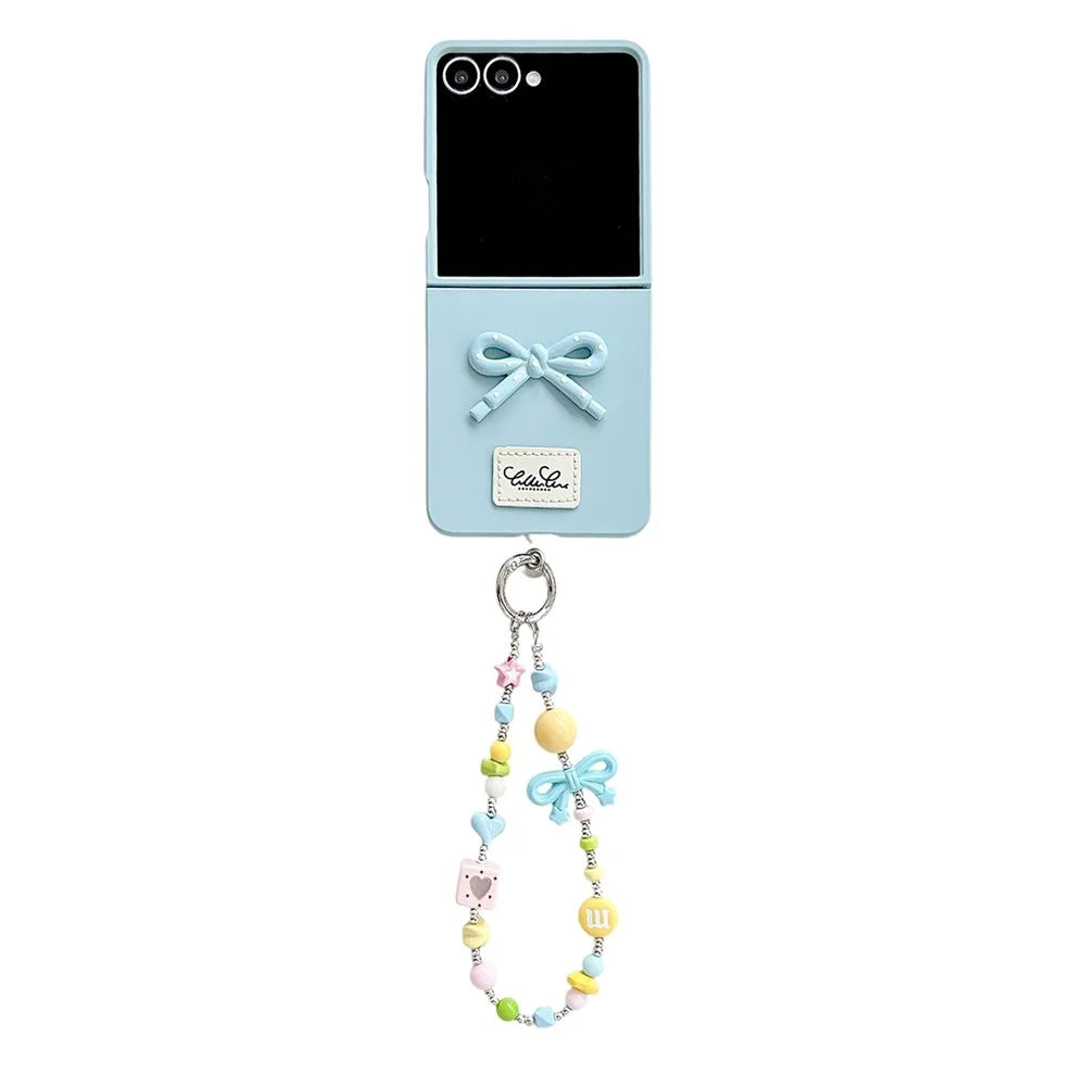 For Samsung Galaxy Z Flip7 5G Case 3D Bow Soft Touch Hard PC Phone Cover with Beaded Bracelet Strap - Baby Blue - 1