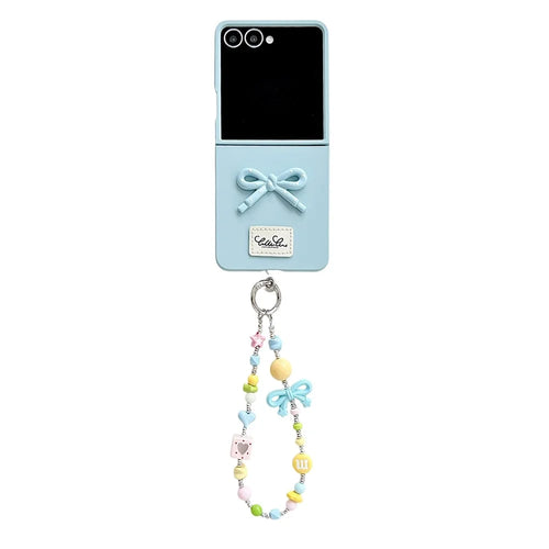 For Samsung Galaxy Z Flip7 5G Case 3D Bow Soft Touch Hard PC Phone Cover with Beaded Bracelet Strap - Baby Blue - 1