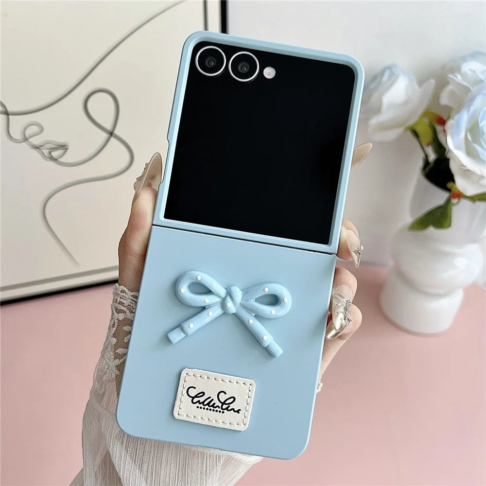 For Samsung Galaxy Z Flip7 5G Case 3D Bow Soft Touch Hard PC Phone Cover with Beaded Bracelet Strap - Baby Blue - 3