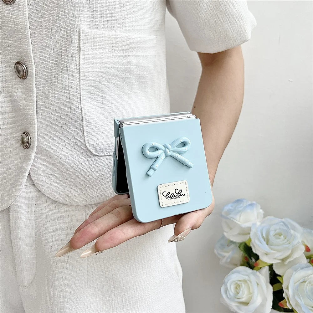 For Samsung Galaxy Z Flip7 5G Case 3D Bow Soft Touch Hard PC Phone Cover with Beaded Bracelet Strap - Baby Blue - 4
