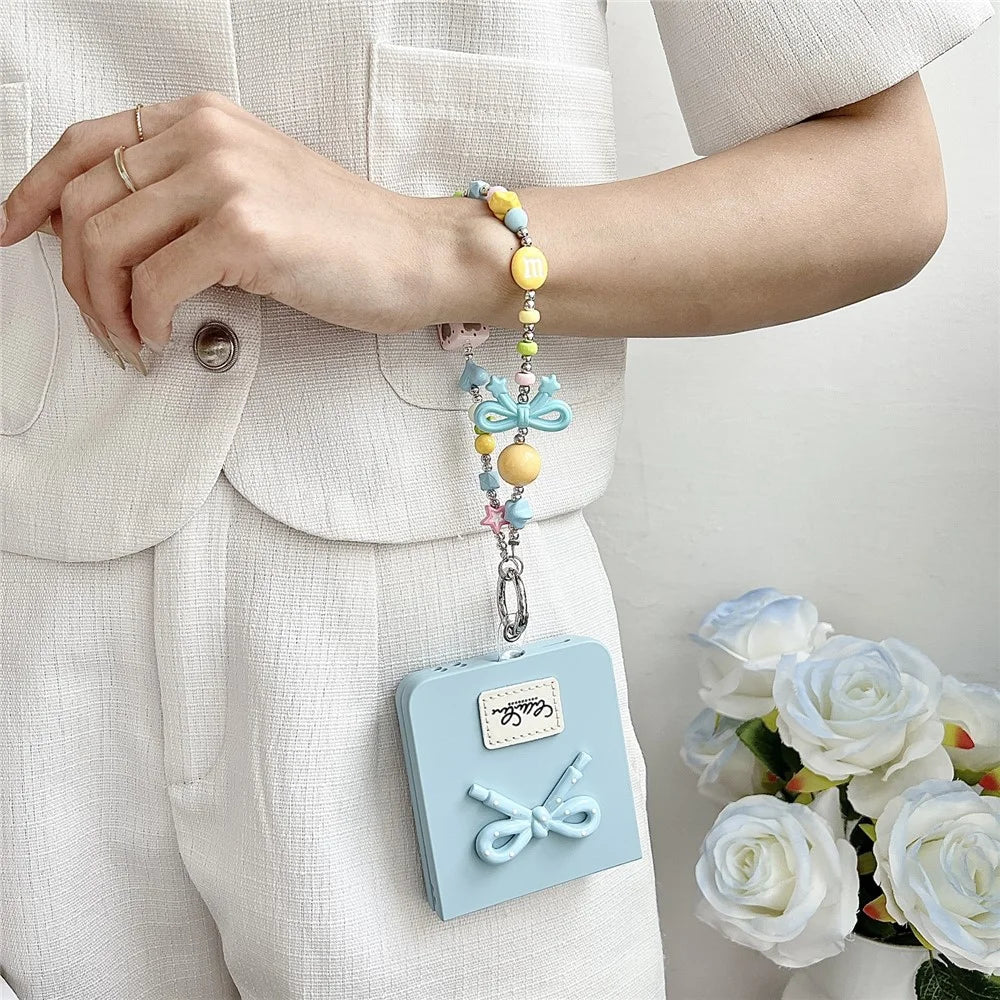 For Samsung Galaxy Z Flip7 5G Case 3D Bow Soft Touch Hard PC Phone Cover with Beaded Bracelet Strap - Baby Blue - 5