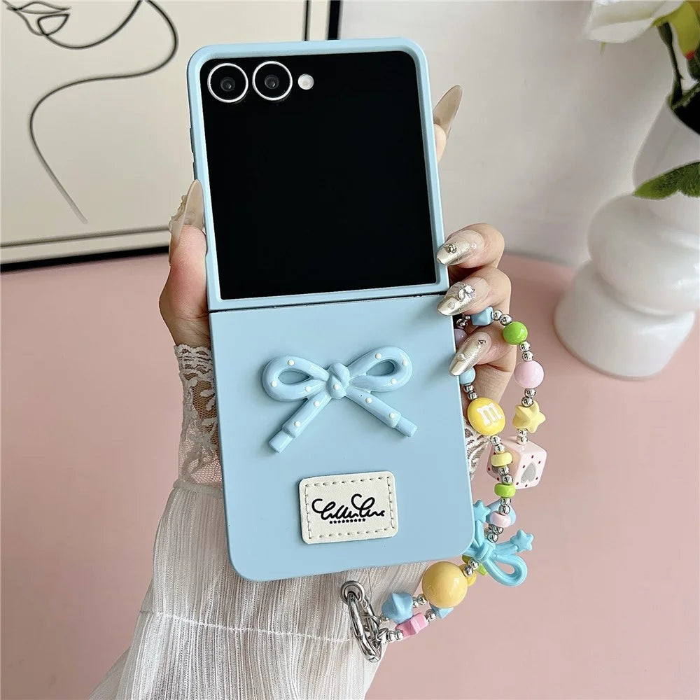 For Samsung Galaxy Z Flip7 5G Case 3D Bow Soft Touch Hard PC Phone Cover with Beaded Bracelet Strap - Baby Blue - 6