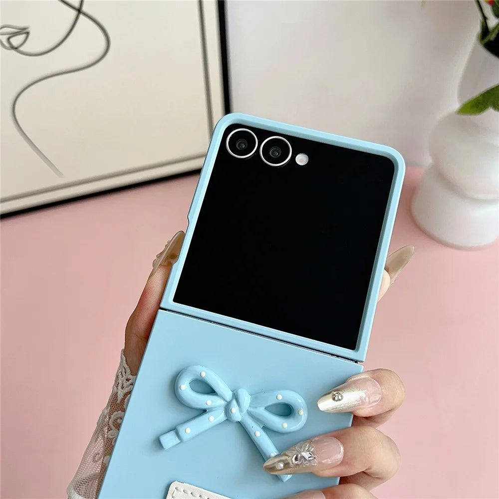 For Samsung Galaxy Z Flip7 5G Case 3D Bow Soft Touch Hard PC Phone Cover with Beaded Bracelet Strap - Baby Blue - 7