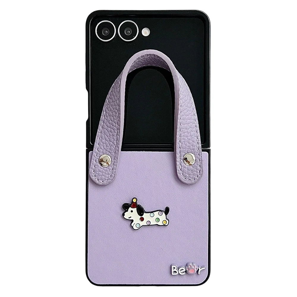 For Samsung Galaxy Z Flip8 Case Dachshund Pattern PU Leather + PC Protective Cover with Wrist Strap - Purple - 1