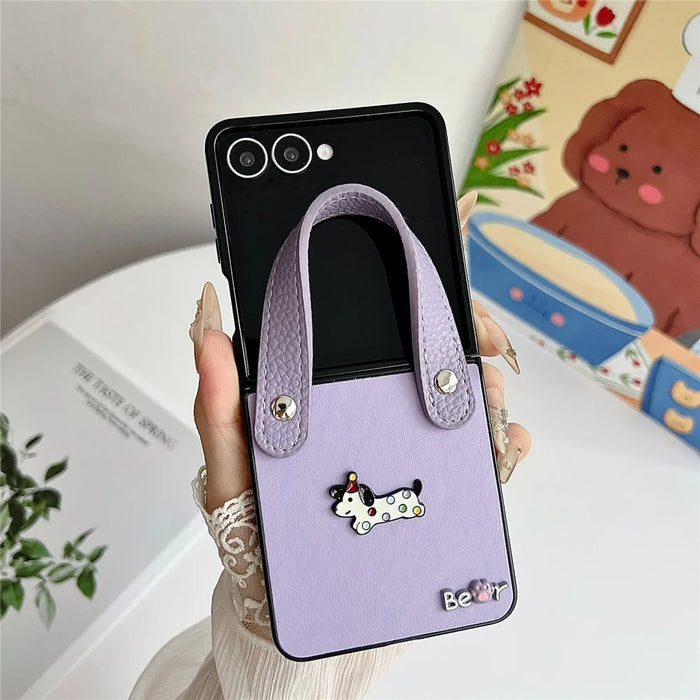For Samsung Galaxy Z Flip8 Case Dachshund Pattern PU Leather + PC Protective Cover with Wrist Strap - Purple - 3