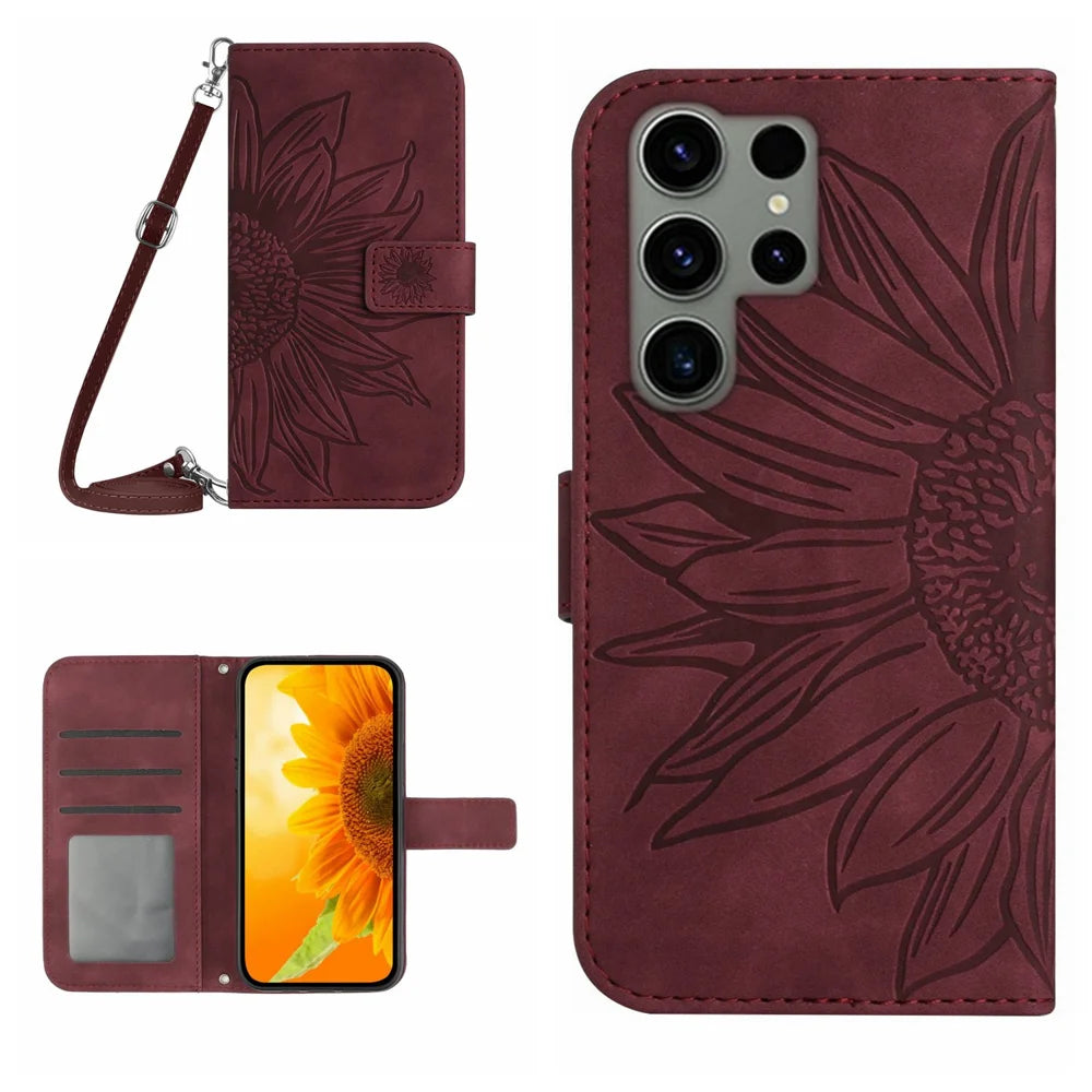 For Samsung Galaxy S25 Ultra Wallet Case Sunflower Imprinted  PU Leather Phone Stand Cover with Shoulder Strap - Wine Red - 1