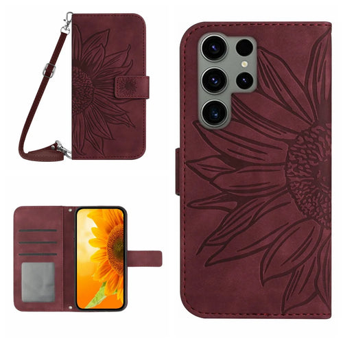 For Samsung Galaxy S25 Ultra Wallet Case Sunflower Imprinted  PU Leather Phone Stand Cover with Shoulder Strap - Wine Red - 1