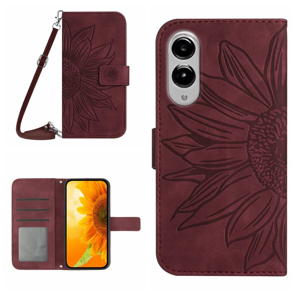 For Samsung Galaxy S25 Edge Wallet Case Sunflower Imprinted  PU Leather Phone Stand Cover with Shoulder Strap - Wine Red - 1