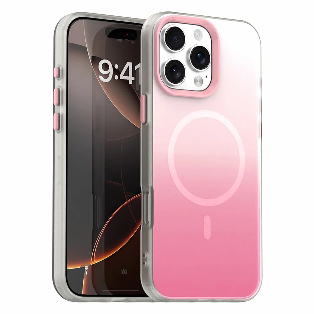 For iPhone 16 Pro Magnetic Case Gradient TPU + PET + PC IMD Shockproof Phone Cover - Pink - 1