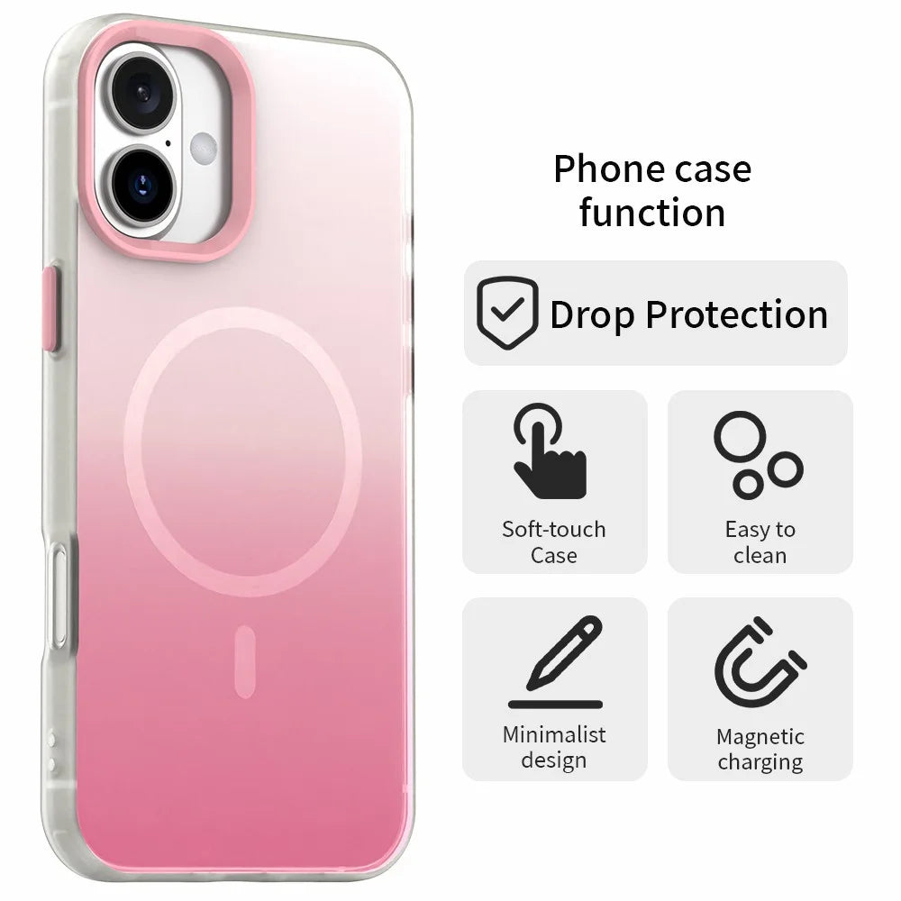 For iPhone 16 Magnetic Case Gradient TPU + PET + PC IMD Shockproof Phone Cover - Pink - 2