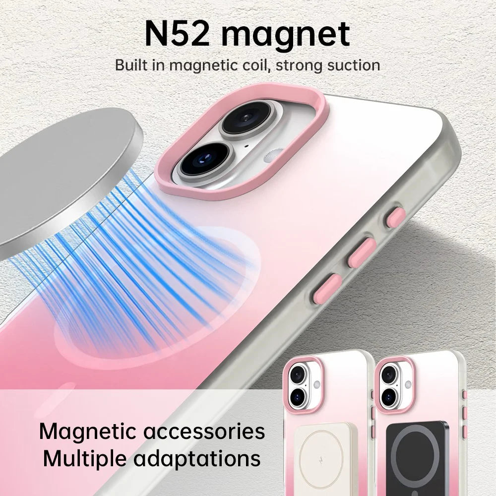 For iPhone 16 Magnetic Case Gradient TPU + PET + PC IMD Shockproof Phone Cover - Pink - 5