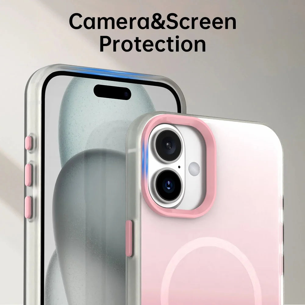 For iPhone 16 Magnetic Case Gradient TPU + PET + PC IMD Shockproof Phone Cover - Pink - 7
