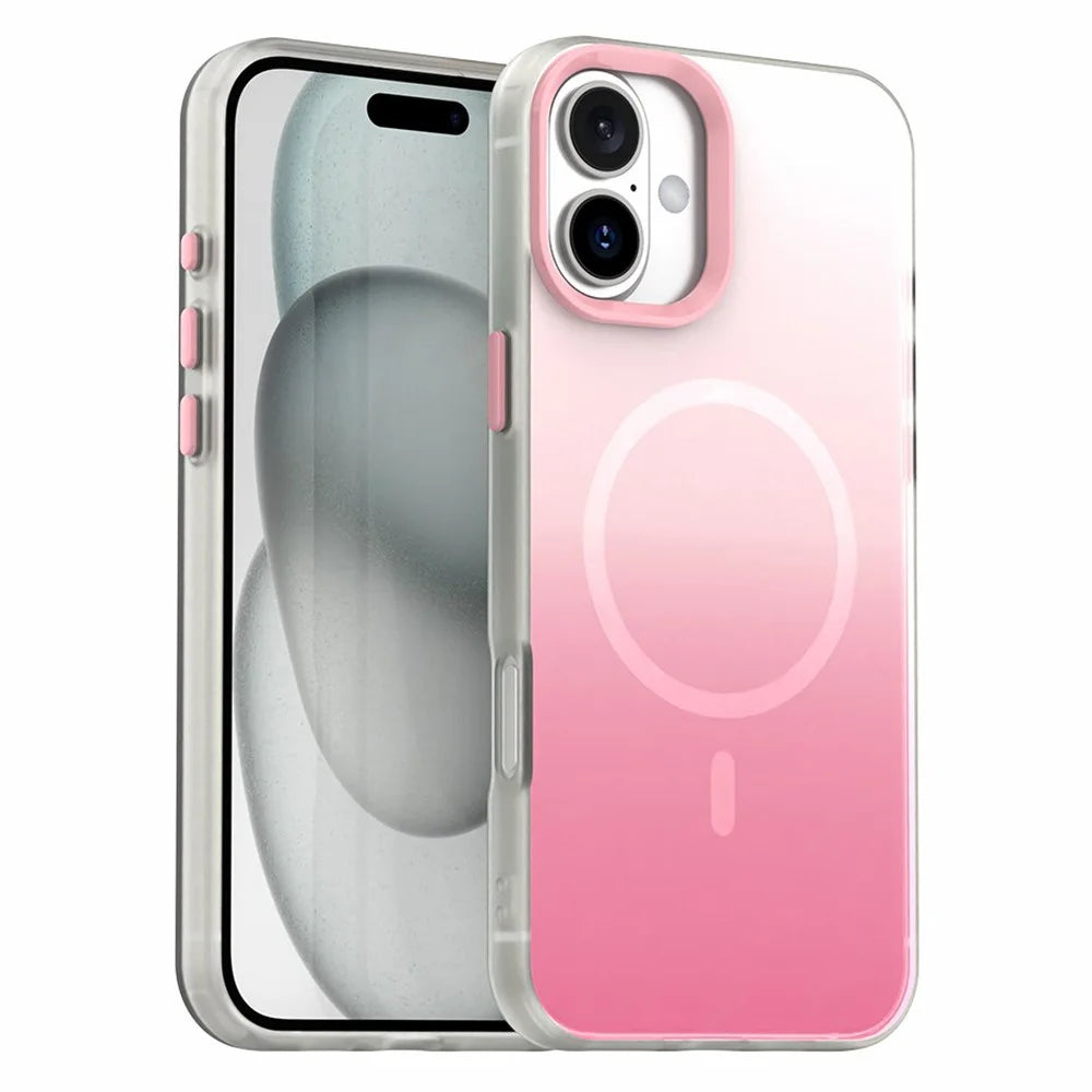 For iPhone 16 Plus Magnetic Case Gradient TPU + PET + PC IMD Shockproof Phone Cover - Pink - 1