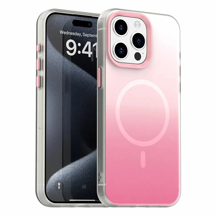 For iPhone 15 Pro Magnetic Case Gradient TPU + PET + PC IMD Shockproof Phone Cover - Pink - 1