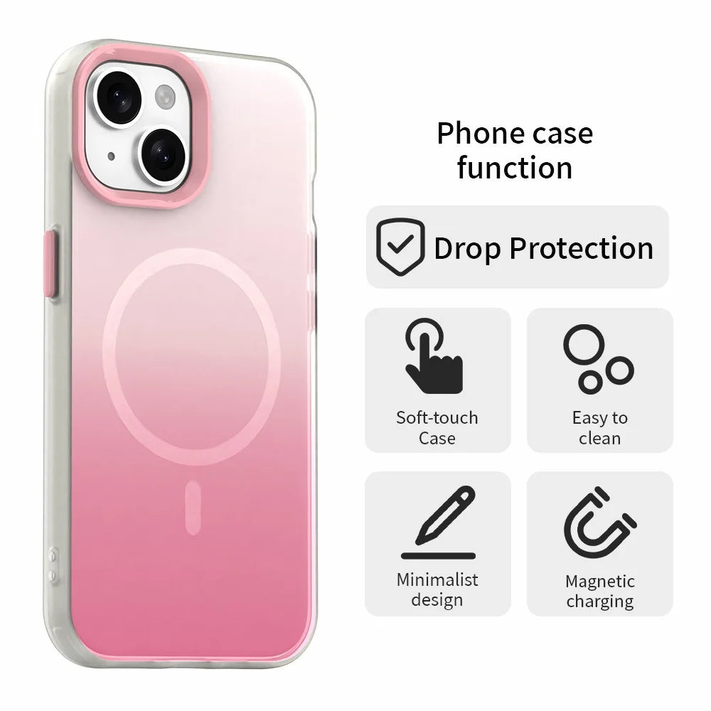 For iPhone 15 Magnetic Case Gradient TPU + PET + PC IMD Shockproof Phone Cover - Pink - 2