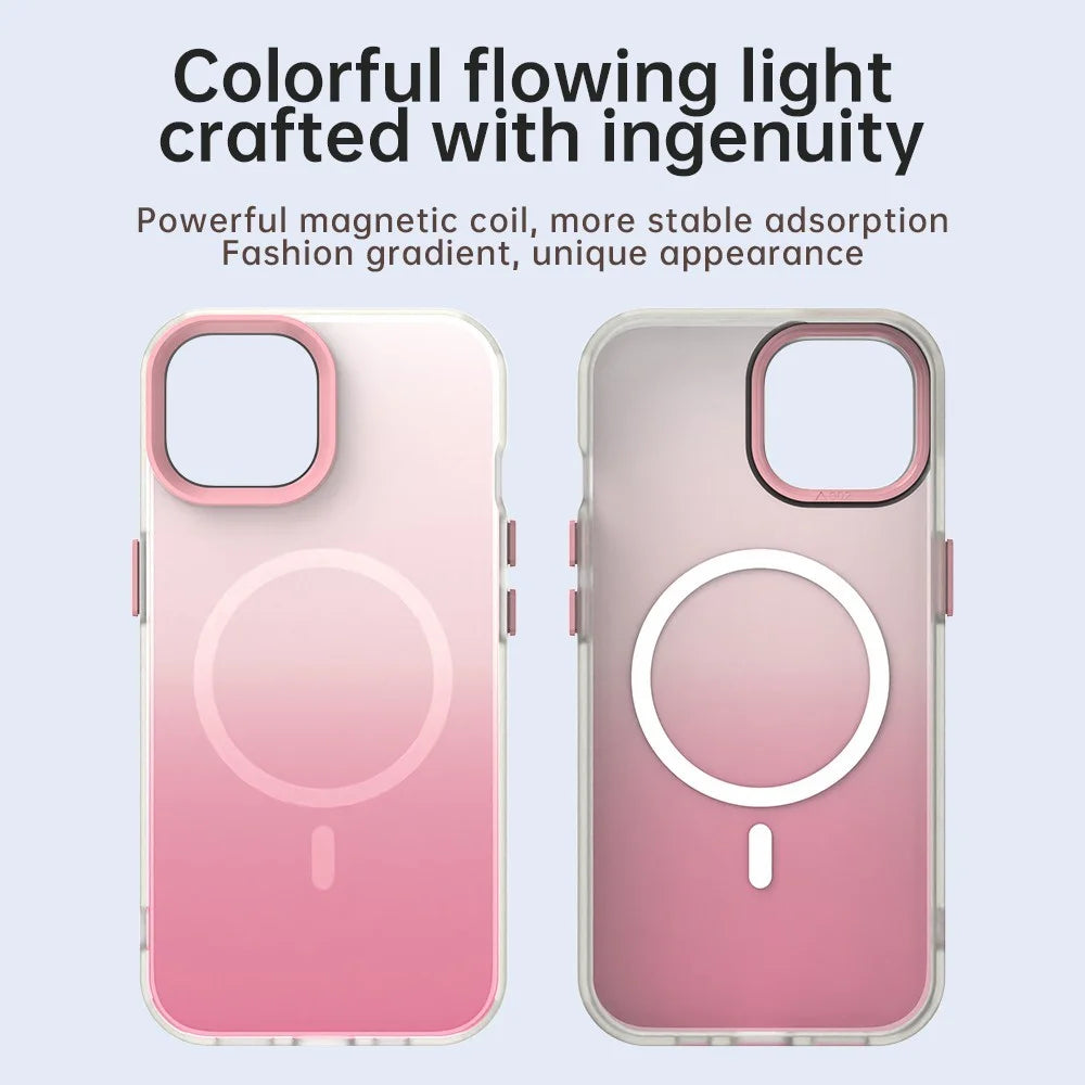 For iPhone 15 Magnetic Case Gradient TPU + PET + PC IMD Shockproof Phone Cover - Pink - 4