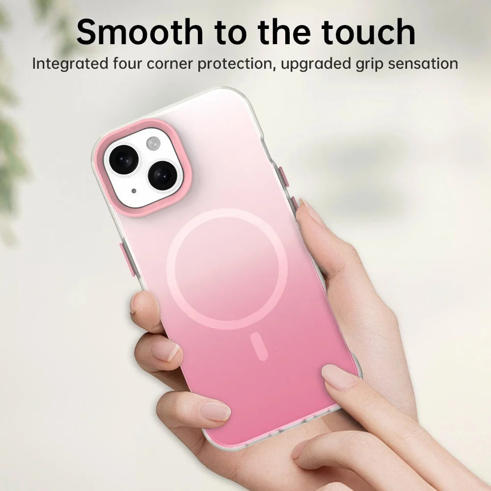 For iPhone 15 Magnetic Case Gradient TPU + PET + PC IMD Shockproof Phone Cover - Pink - 6