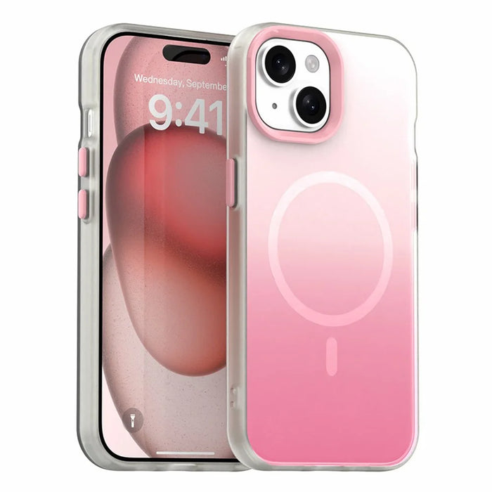 For iPhone 15 Plus Magnetic Case Gradient TPU + PET + PC IMD Shockproof Phone Cover - Pink - 1